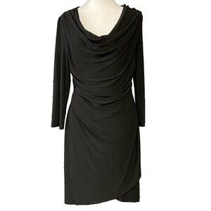 Tahari‎ Dress Womens Small Black Long Sleeve Draped Cowl Neck Ruched Sheath Knee
